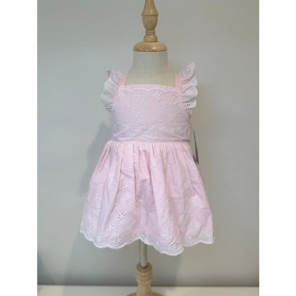 NWT Cat & Jack Pink Scalloped Eyelet Dress with Flutter Sleeves, Size 12M